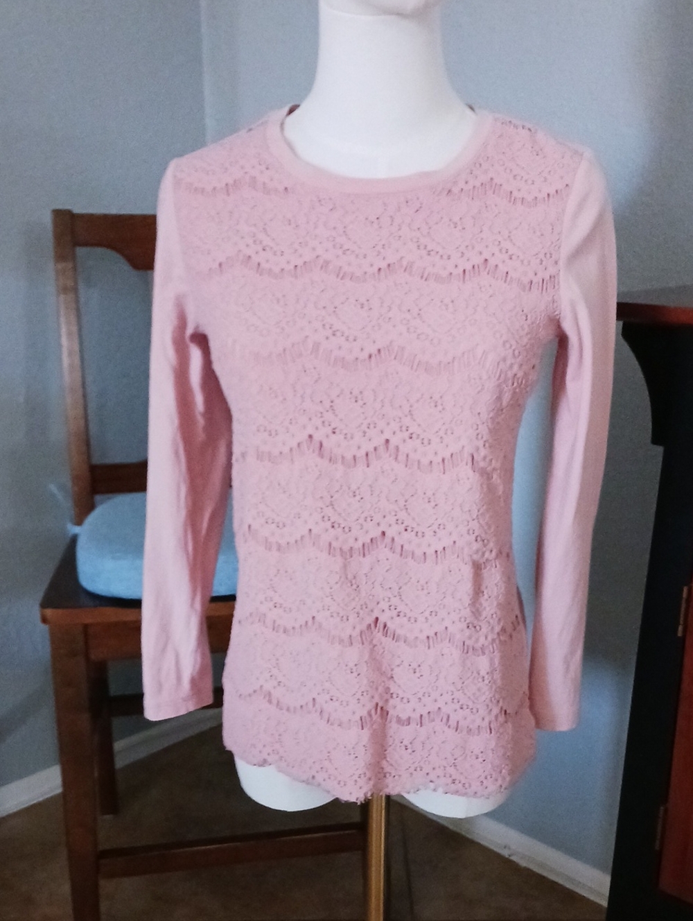 J. Crew Blush Pink Lace Front Long Sleeve Crewneck Top